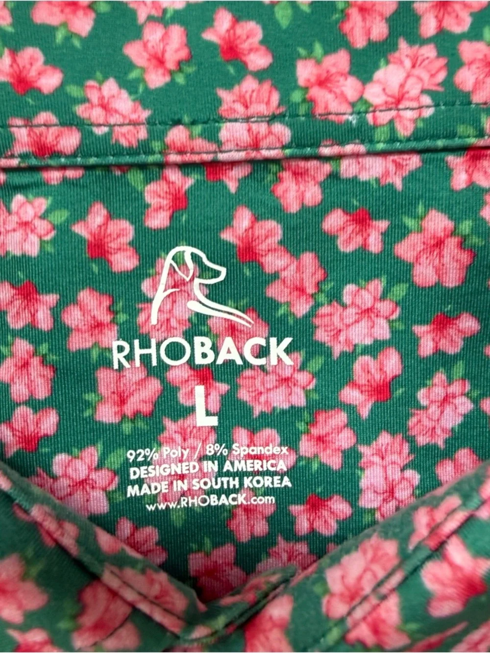 Rhoback Golf Polo Shirt Mens L Green Pink Azalea Flowers Floral Masters Print - Picture 3 of 7